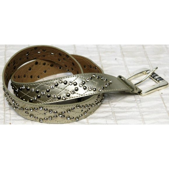 Michael Kors Silver Leather Belt Studded Rhinestones Medium Shiny Chic Fancy - Picture 4 of 11